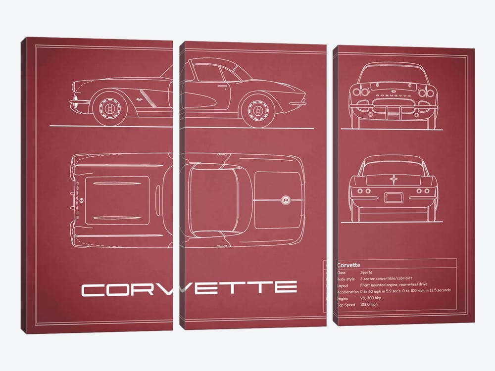 Chevrolet Corvette C1 Body Type (Maroon) by Mark Rogan 3-piece Canvas Art Print