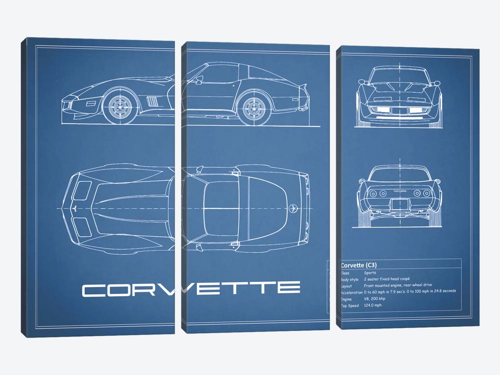 Chevrolet Corvette C3 Body Type (Blue) by Mark Rogan 3-piece Canvas Print