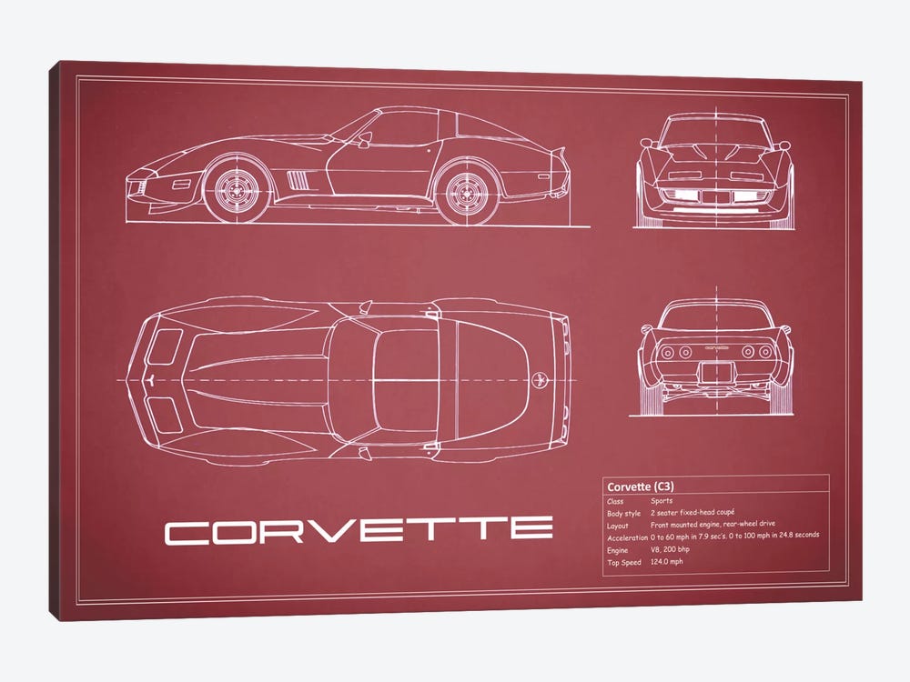 Chevrolet Corvette C3 Body Type (Maroon) by Mark Rogan 1-piece Canvas Print
