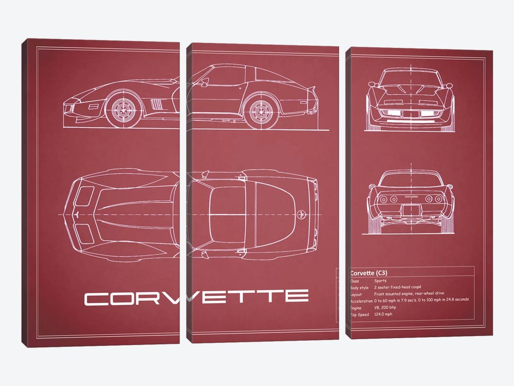 Chevrolet Corvette C3 Body Type (Maroon) by Mark Rogan 3-piece Canvas Print