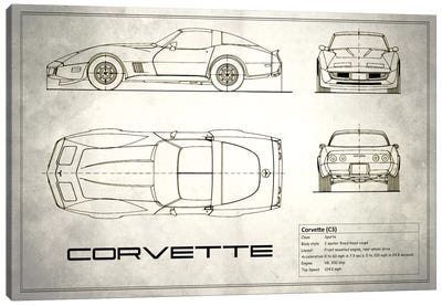 Chevrolet Corvette C3 Body Type (Vintage Silver) Canvas Art Print - Automobile Blueprints