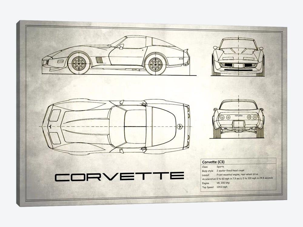 Chevrolet Corvette C3 Body Type (Vintage Silver) by Mark Rogan 1-piece Canvas Art