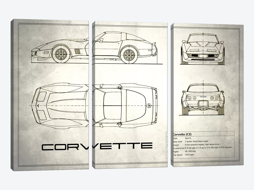 Chevrolet Corvette C3 Body Type (Vintage Silver) by Mark Rogan 3-piece Canvas Art
