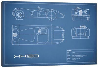 Jaguar XK120 (Blue) Canvas Art Print - Automobile Blueprints