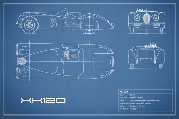 Automobile Blueprints: Jaguar XK120 (Blue) by Mark Rogan