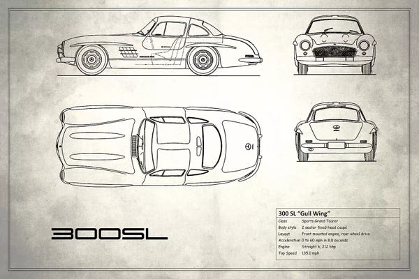 Automobile Blueprints: Mercedes-Benz 300 SL Gullwing Coupe (Vintage Silver) by Mark Rogan