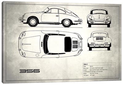 Porsche 356 C (Vintage Silver) Canvas Art Print - Automobile Blueprints