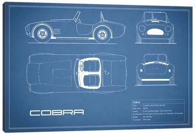 Shelby Cobra (Blue) Canvas Art Print - Automobile Blueprints