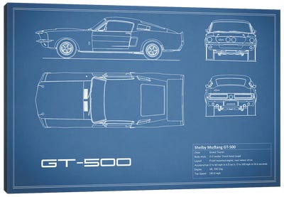 Shelby Mustang GT500 (Blue) Canvas Art Print - Blueprints & Patent Sketches