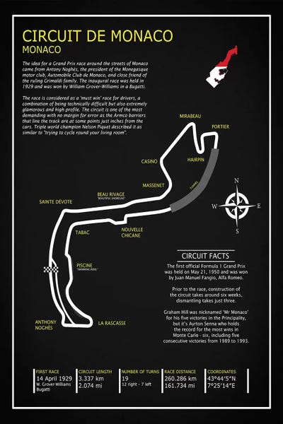 Large Map Art - Canvas Prints: Monaco Circuit BL by Mark Rogan
