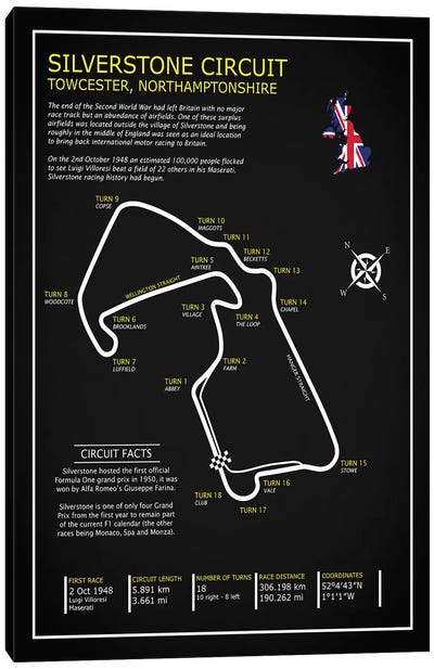 SIlverstone Circuit Black Canvas Art Print - Auto Racing Art