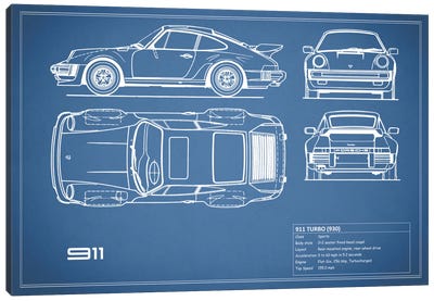 1977 Porsche 911 Turbo (930) (Blue) Canvas Art Print - Automobile Blueprints