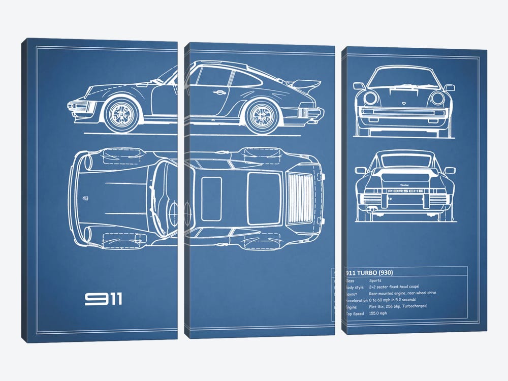 1977 Porsche 911 Turbo (930) (Blue) 3-piece Art Print