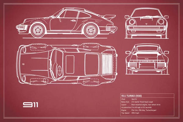 Automobile Blueprints: 1977 Porsche 911 Turbo (930) (Maroon) by Mark Rogan