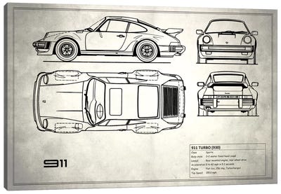 1977 Porsche 911 Turbo (930) (Vintage Silver) Canvas Art Print - Automobile Blueprints