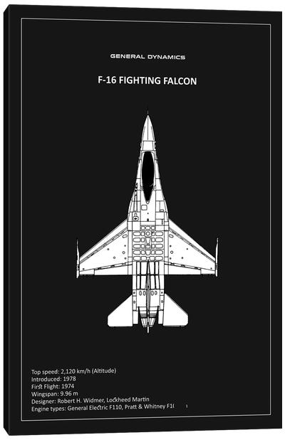 BP F-16 Fighting Falcon Black  Canvas Art Print - Aviation Blueprints