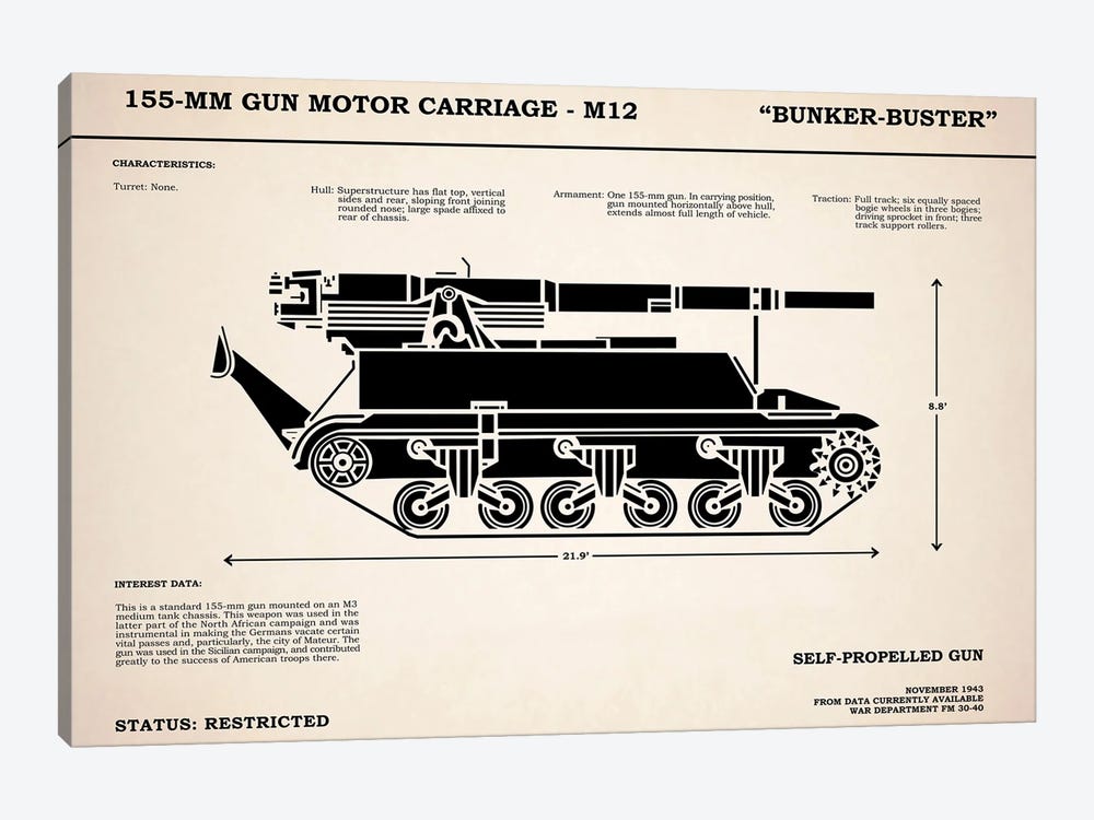 M12 Gun Carriage 155mm by Mark Rogan 1-piece Canvas Art