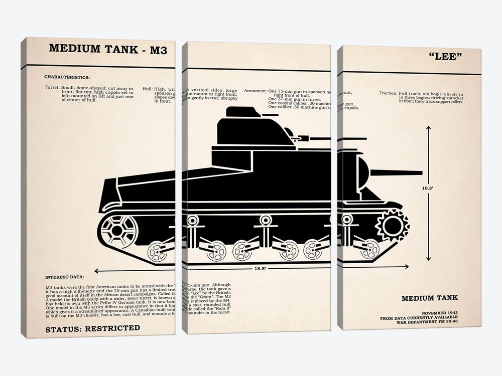 M3 Lee Tank by Mark Rogan 3-piece Canvas Print