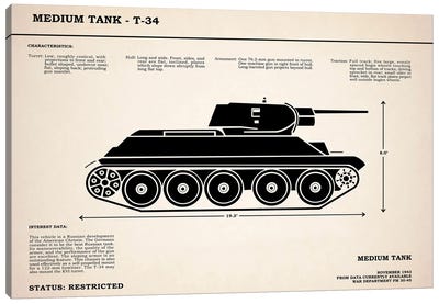 T34 Medium Tank Canvas Art Print - Military Vehicle Art