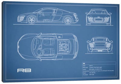 Audi R8 V10 Coupe (Blue) Canvas Art Print - Automobile Blueprints