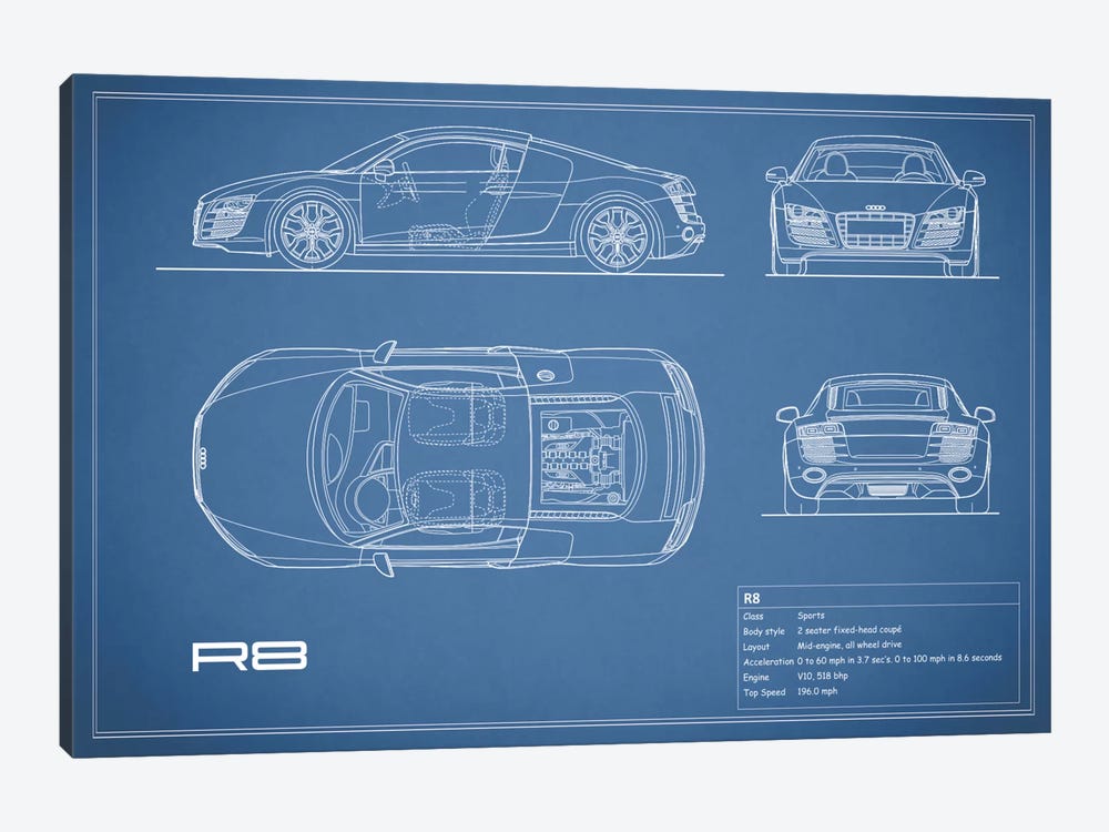 Audi R8 V10 Coupe (Blue) by Mark Rogan 1-piece Canvas Wall Art