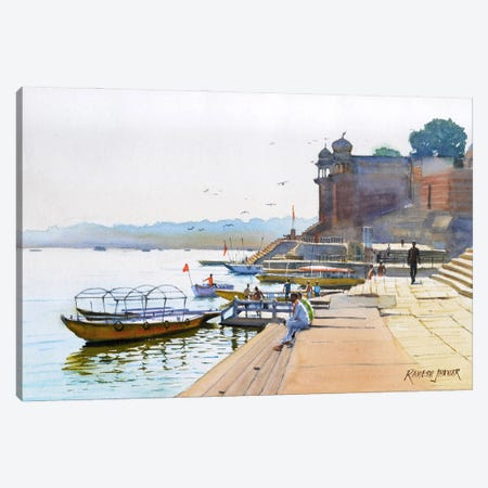 Chit-Chat By The Ghat, Varanasi Canvas Print #RHJ10} by Ramesh Jhawar Canvas Art Print