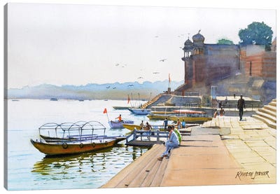 Chit-Chat By The Ghat, Varanasi Canvas Art Print - Stairs & Staircases