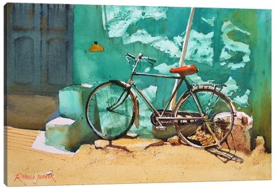 Bike And The Turquoise Wall Canvas Art Print - Ramesh Jhawar