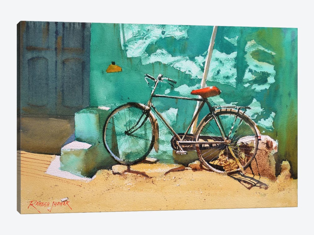 Bike And The Turquoise Wall by Ramesh Jhawar 1-piece Canvas Art