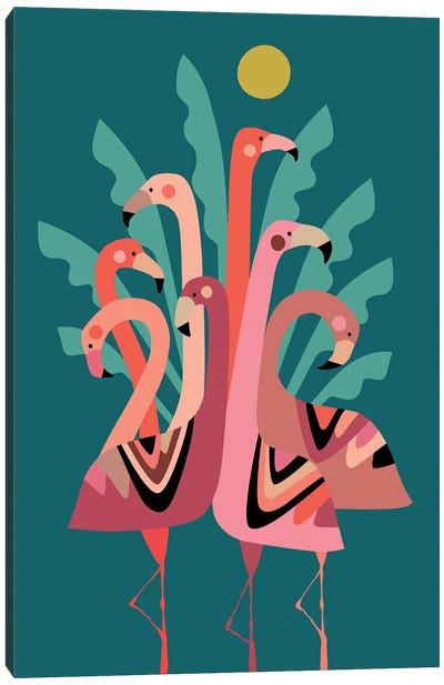 Flamingos Canvas Art Print - Mid-Century Modern Animals