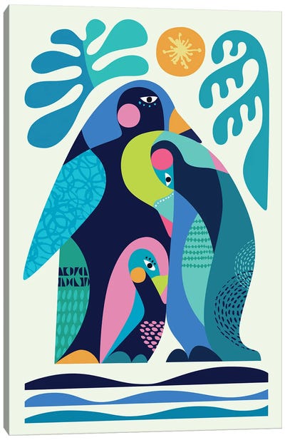 Penguin Family Canvas Art Print - Mid-Century Modern Animals