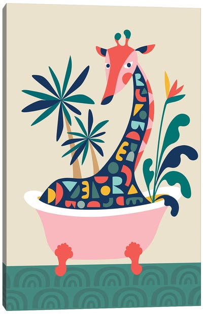 Mid-Century Giraffe In Bathtub Canvas Art Print - Rachel Lee