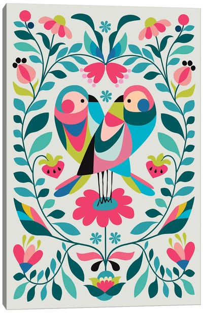 Love Birds And Floral Canvas Art Print - Rachel Lee
