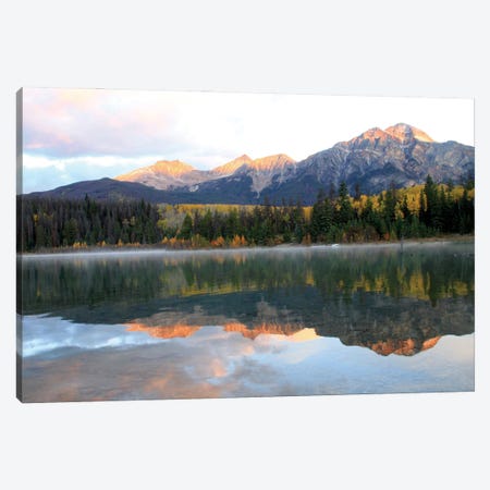 "Morning Mist And Sunrise" - Patricia Lake - Jasper, Jasper National Park, Alberta, Canada Canvas Print #RHR113} by Ramona Heiner Canvas Wall Art