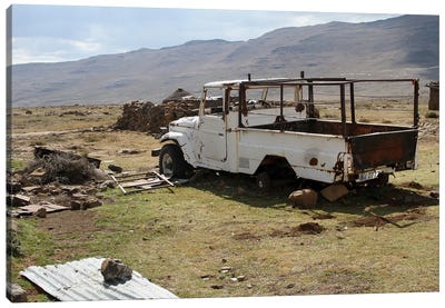 Broken Car, Surrounded By Material, Used To Built The Rondavels - Sani Pass, Lesotho, Southern Africa Canvas Art Print - Art by Native American & Indigenous Artists