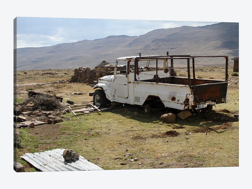 Broken Car, Surrounded By Material, Used To Built The Rondavels - Sani Pass, Lesotho, Southern Africa by Ramona Heiner 1-piece Art Print