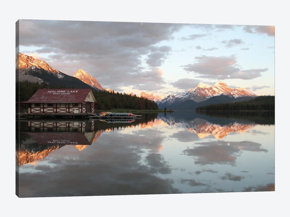 "Sunset" - The Boathouse - Maligne Lake - Jasper National Park, Alberta, Canada by Ramona Heiner 1-piece Canvas Wall Art