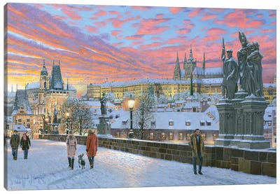 Charles Bridge, Prague In Winter Canvas Art Print - Czech Republic Art