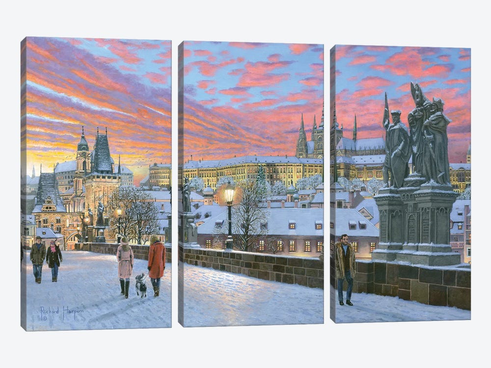 Charles Bridge, Prague In Winter by Richard Harpum 3-piece Canvas Wall Art