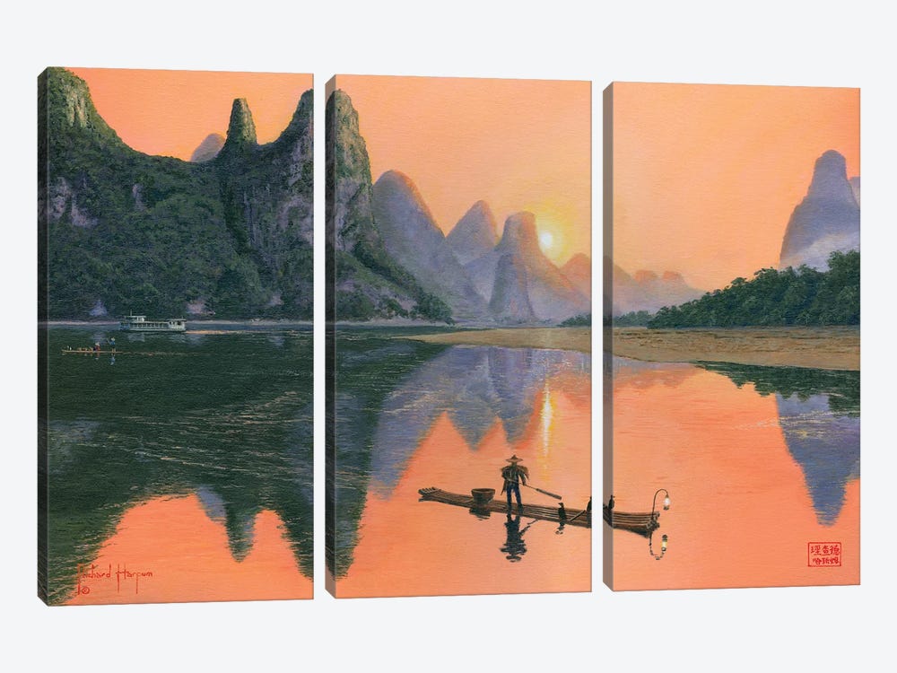 The Cormorant Fisherman, Li River, Guilin, China by Richard Harpum 3-piece Canvas Art Print