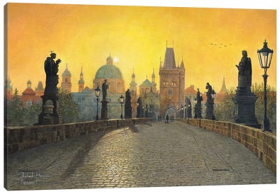 Misty Dawn, Charles Bridge, Prague Canvas Art Print - City Sunrise & Sunset Art