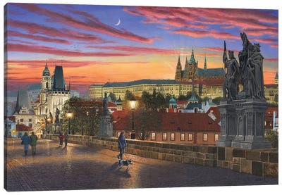 Prague At Dusk Canvas Art Print - City Sunrise & Sunset Art