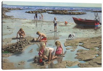 Sandcastles, Downderry Beach, Cornwall Canvas Art Print - Richard Harpum