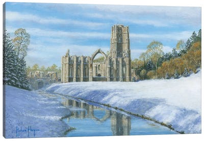 Winter Morning - Fountains Abbey, Yorkshire, England Canvas Art Print - Fountain Art