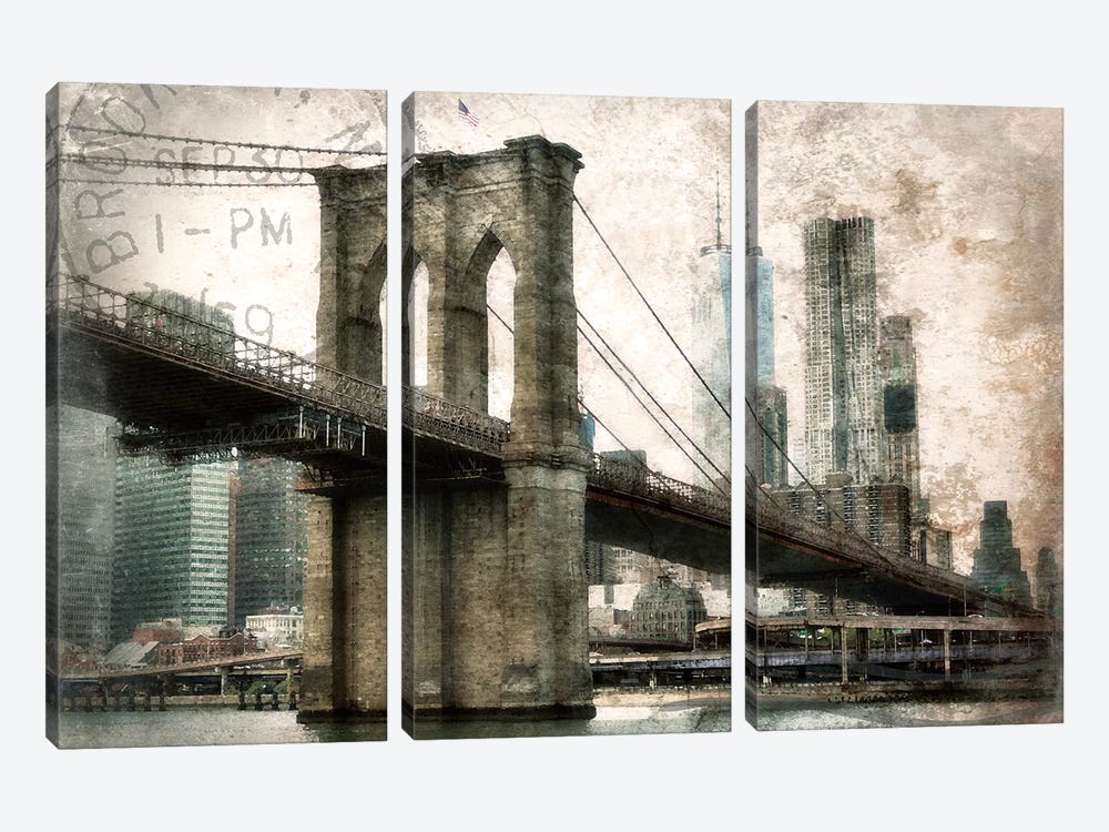 NY Brooklyn Bridge by Rhonda Addison 3-piece Canvas Art Print