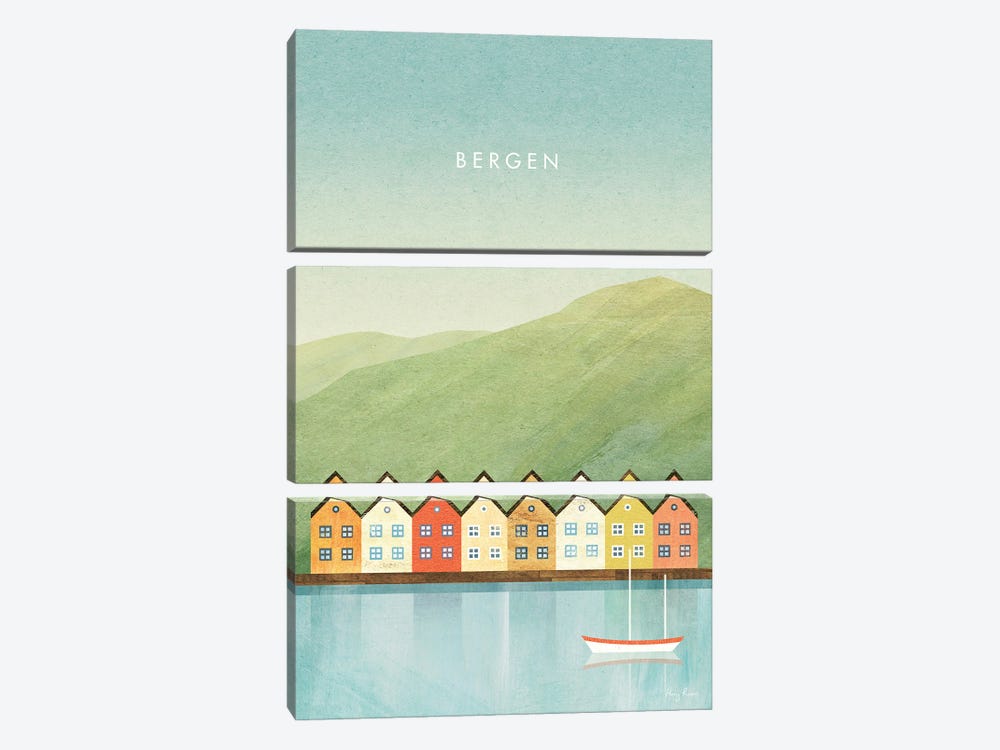 Bergen, Norway Travel Poster by Henry Rivers 3-piece Canvas Art