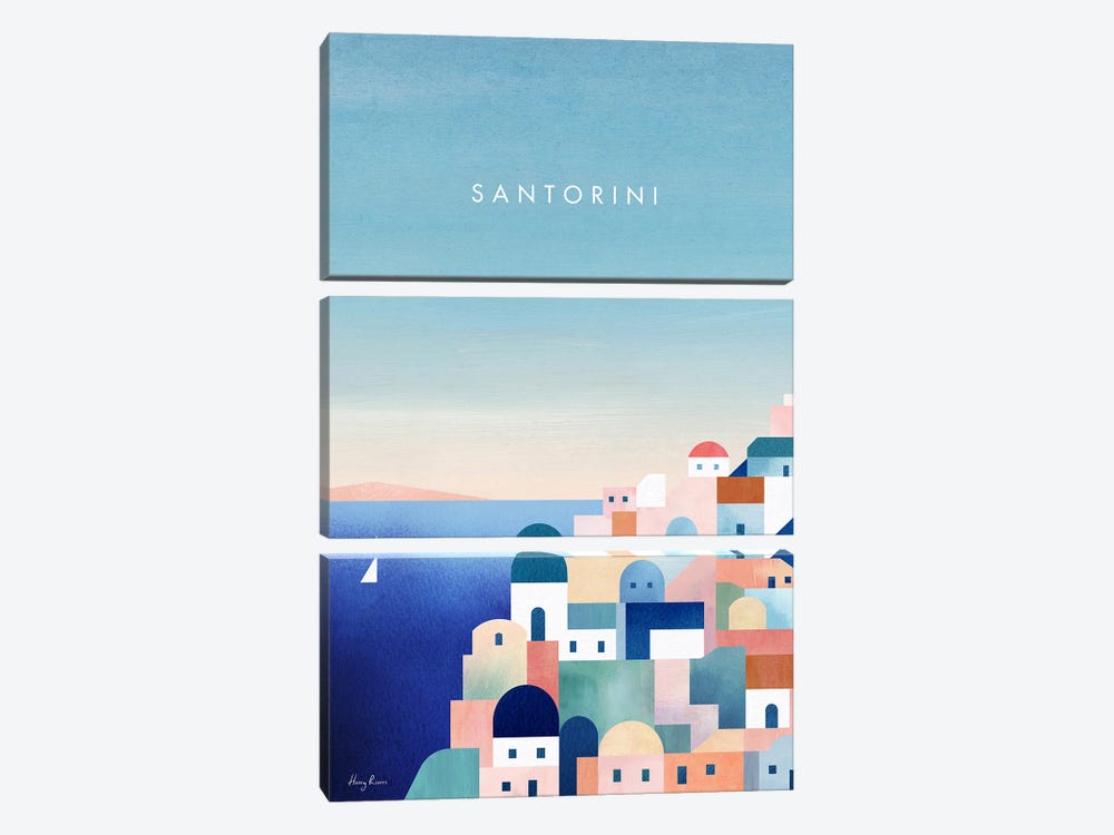 Santorini, Greece Travel Poster by Henry Rivers 3-piece Canvas Artwork