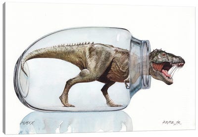 T Rex In Jar Canvas Art Print - Kids Dinosaur Art