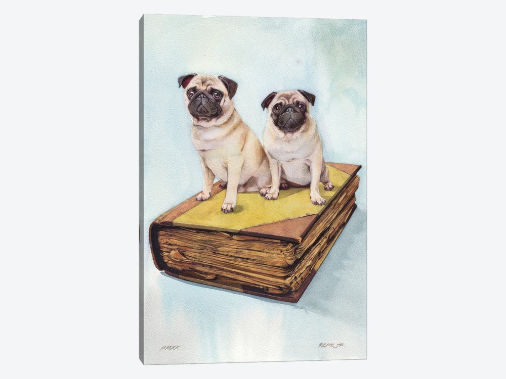 Pugs On Old Book by REME Jr 1-piece Canvas Print