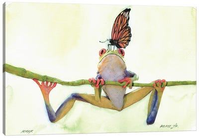 The Frog And The Butterfly Canvas Art Print - Monarch Metamorphosis